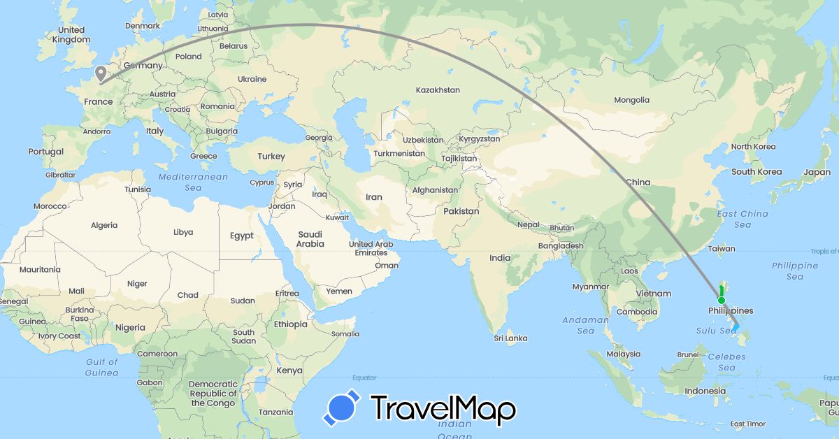 TravelMap itinerary: bus, plane, boat in France, Philippines (Asia, Europe)